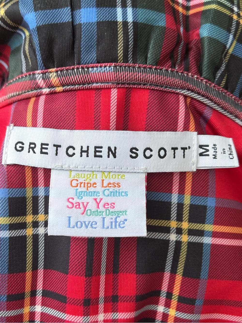 GRETCHEN SCOTT sM Plaid Shift Dress-ruffle collar-easy care-Holidays! Looks NEW - Picture 4 of 6